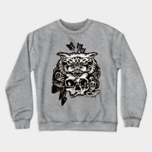 Skull with wolf headdress roses tattoo design Crewneck Sweatshirt